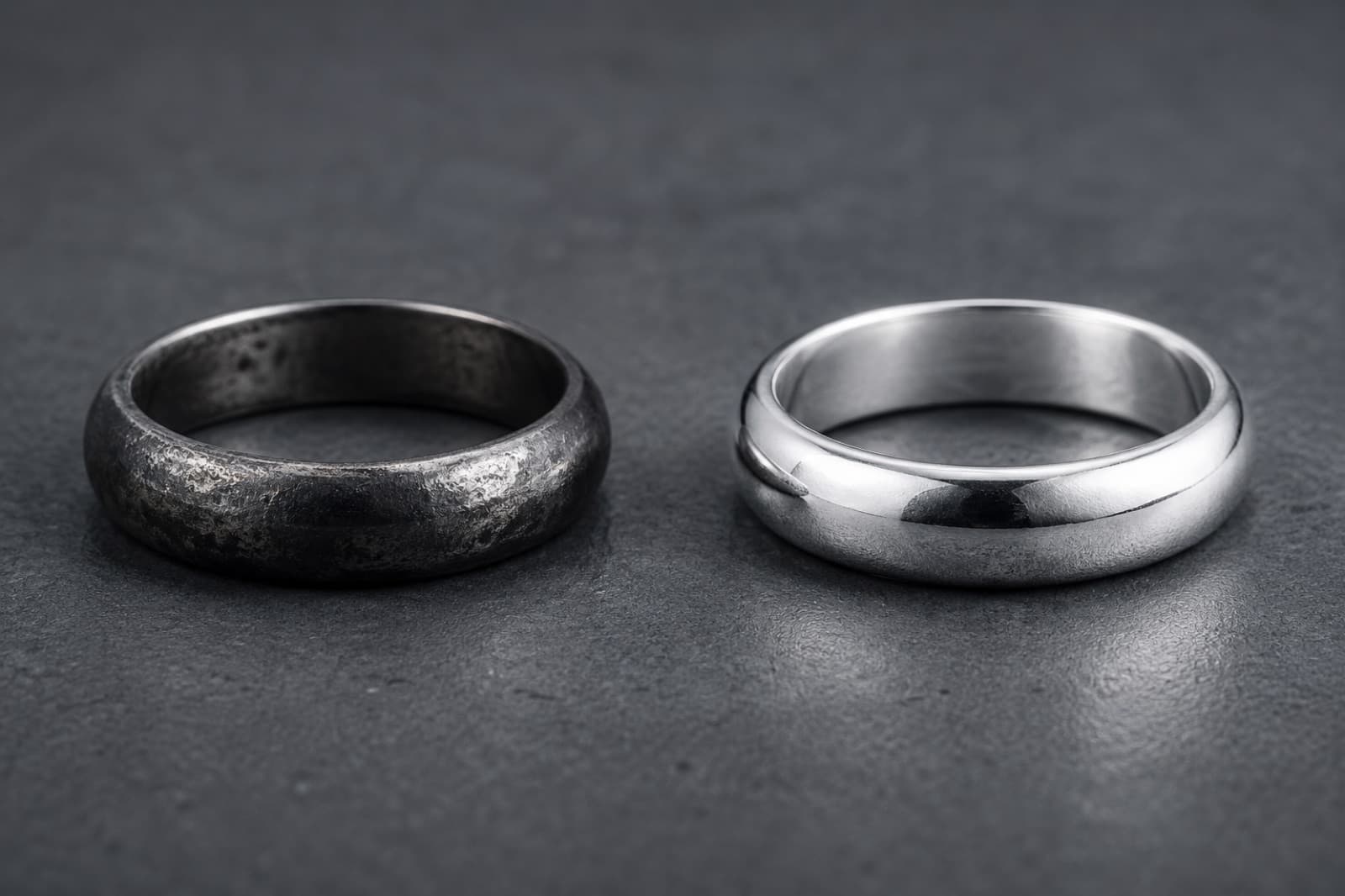 Two identical plain silver bands side by side: the left one heavily darkened by oxidisation, the right one freshly polished